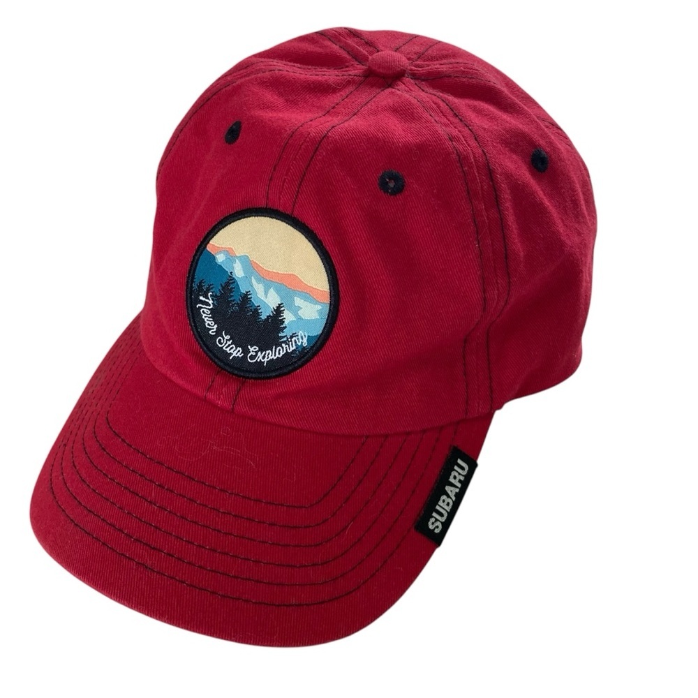 Subaru Unisex Adult Red Never Stop Exploring Strapback Adjustable Baseball Hat
